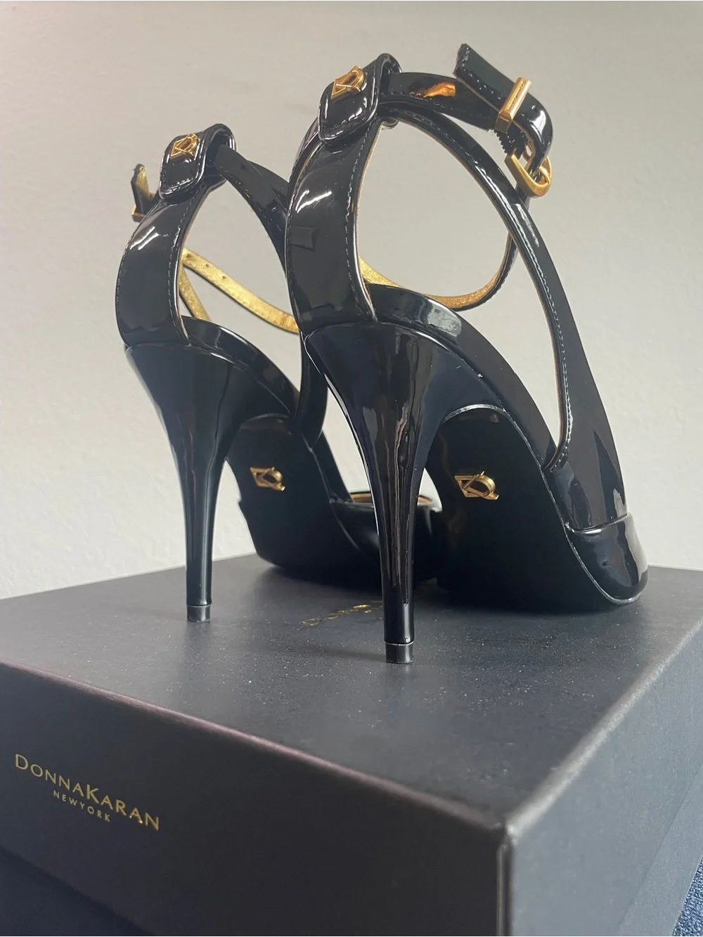 Donna Karan - Somerset - Black Patent Peep-Toe Ankle-Strap Heels with Gold Trim